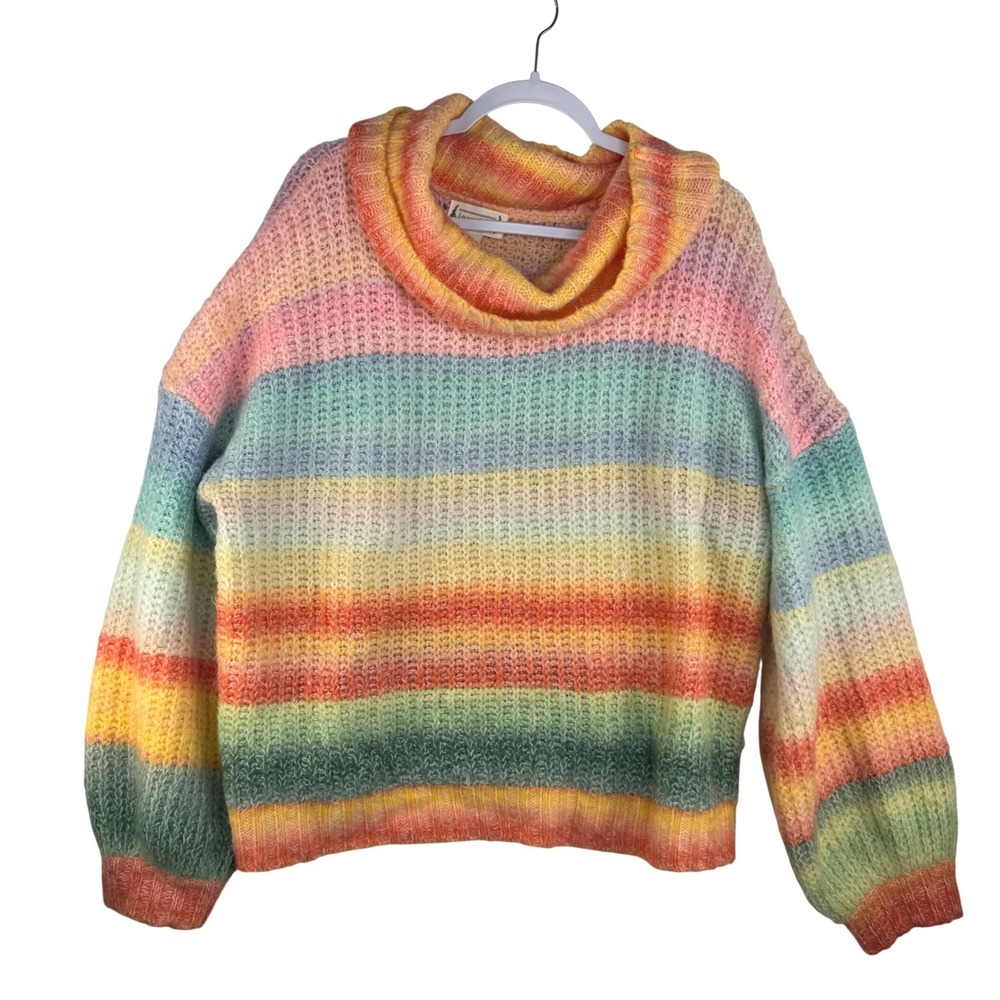 Loveriche Rainbow Striped Turtleneck Sweater Womens Large Multicolor Chunky Knit